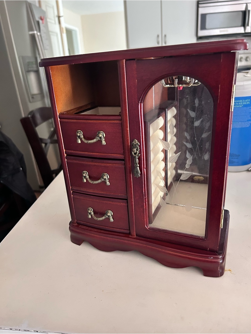 Wood-Style Red Jewelry Armoire with Glass Front